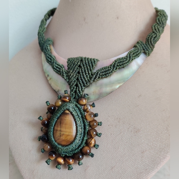 OOAK Artisan Macrame Necklace with Genuine Mother of Pearl and Tiger Eye Stones - Picture 6 of 13